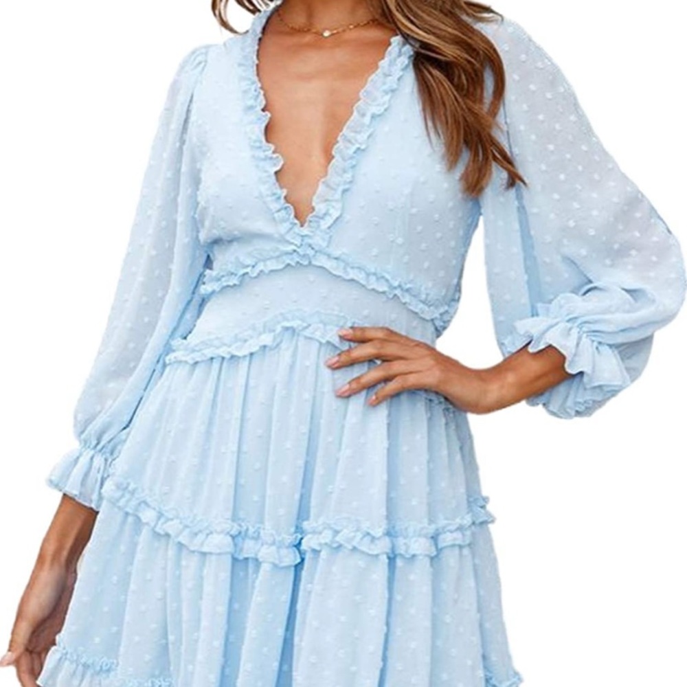Small Blue Chiffon Long Sleeve V Neck Tiered Flowy Dress